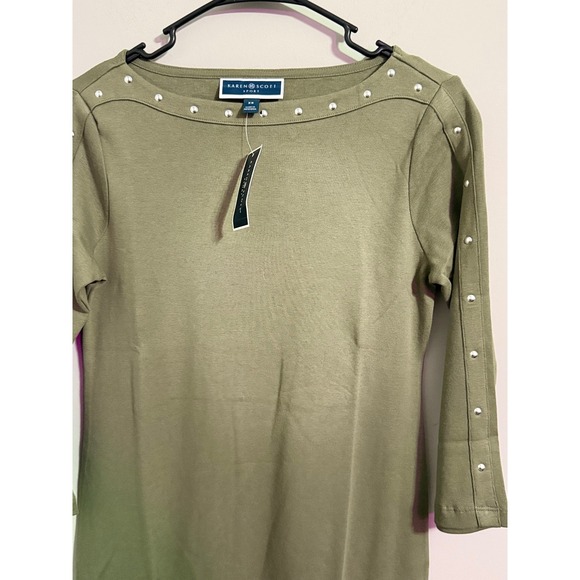 Karen Scott Sport Dress Olive Green Boat Neck Studded 3/4 Sleeve XS - Picture 2 of 4